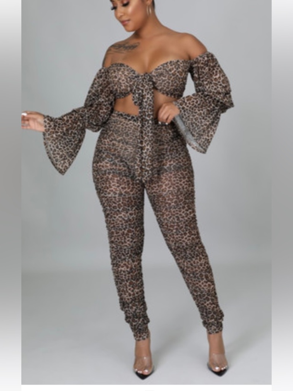 Leopard Print Sheer Joggers with Tie-Front Crop Top - Brown